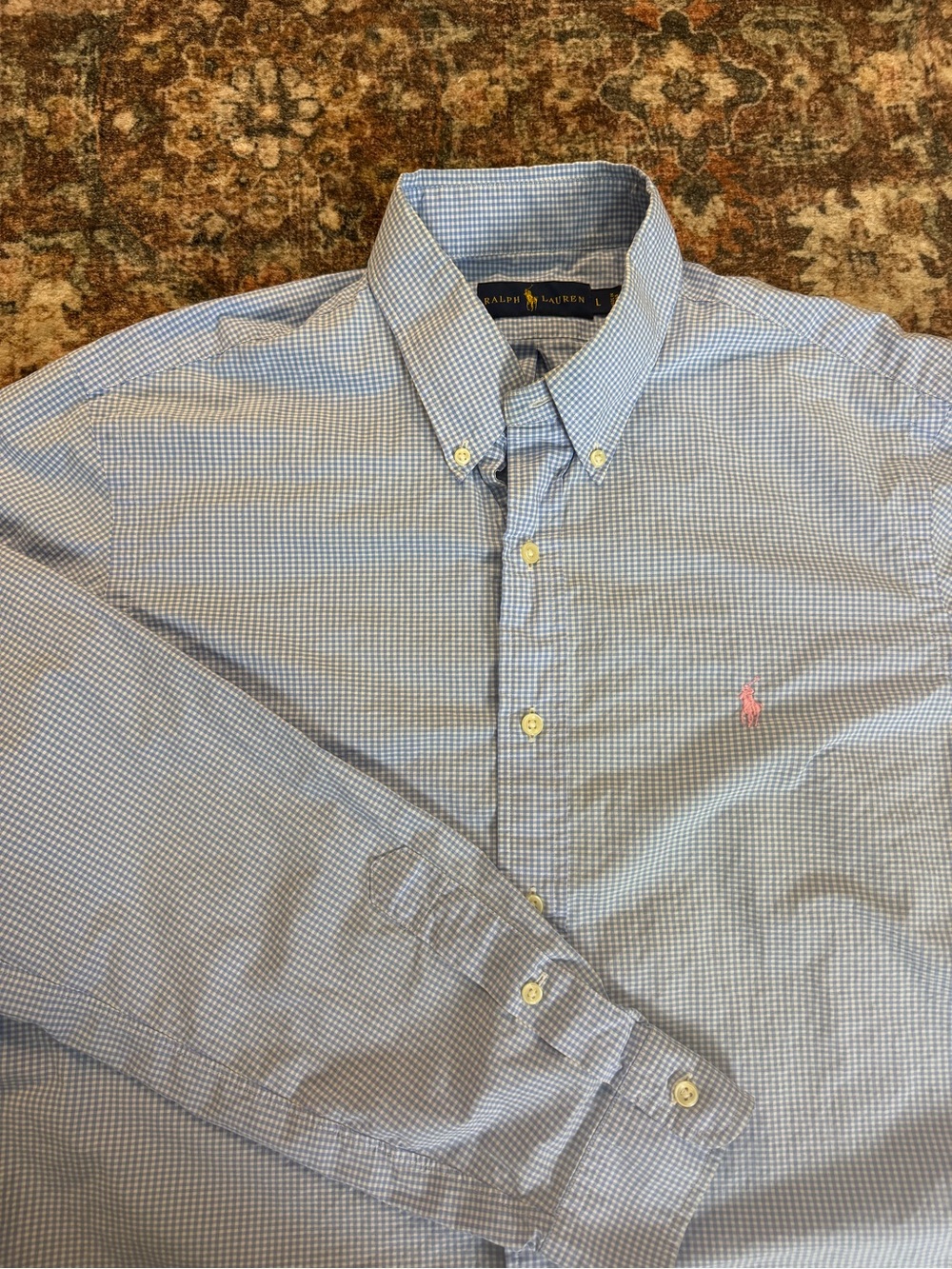 Ralph Lauren Men's L Blue White Check Woven Long Sleeve Button-shirt pink pony
